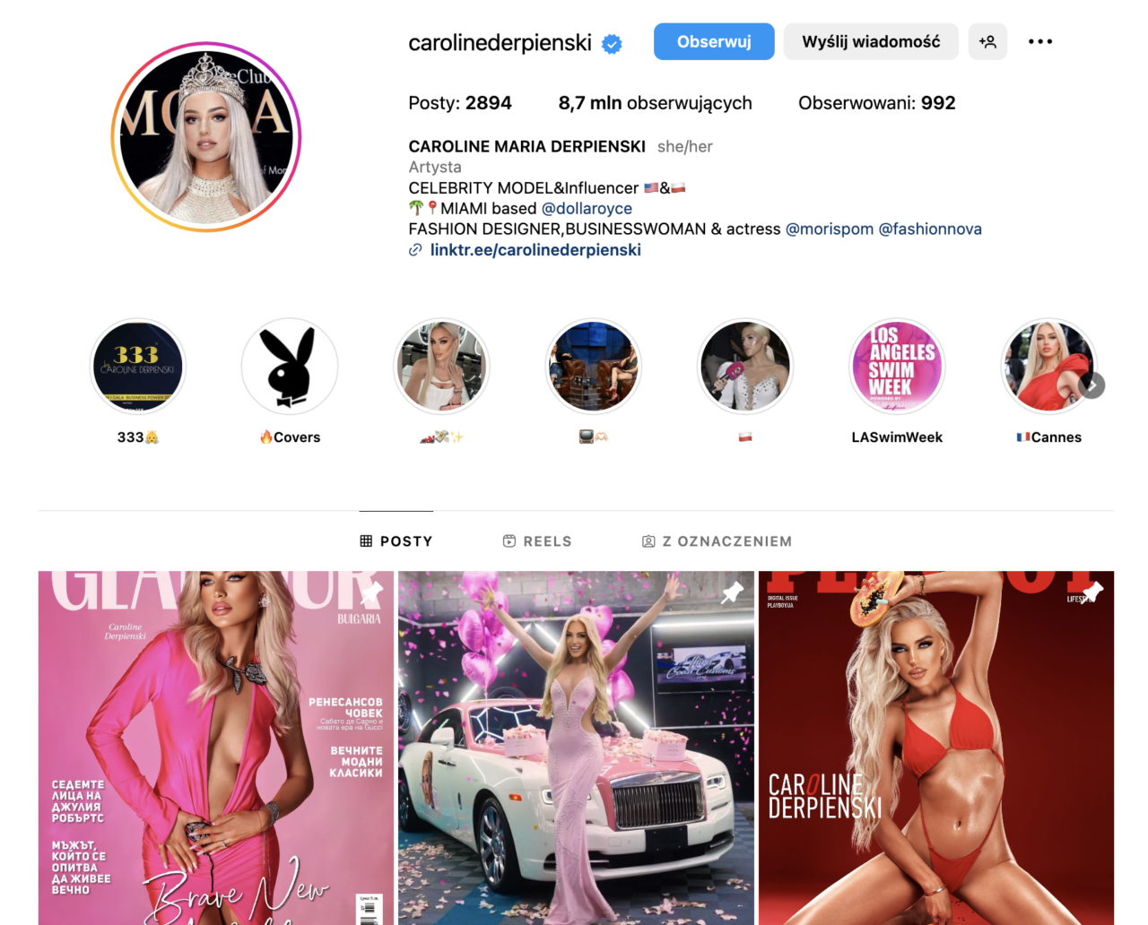 Zrzut ekranu profilu na Instagramie należącego do osoby publicznej z profilowym zdjęciem, informacjami o liczbie postów, obserwujących, obserwowanych oraz opisem profilu. Poniżej znajduje się galeria ze zdjęciami, w tym okładkami magazynów z tą osobą.