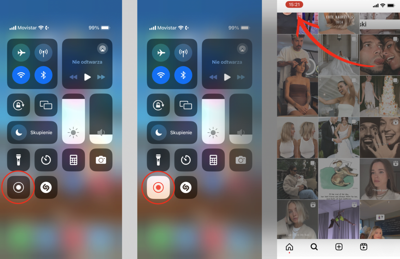 Nagrywanie ekranu iPhone. Zrzut ekranu interfejsu użytkownika systemu iOS z włączonym Centrum Sterowania i czerwonym wskaźnikiem na ikonie nagrywania ekranu, na tle rozmytego widoku ekranu głównego z miniaturami różnych zdjęć i filmów zawierających ludzi.
