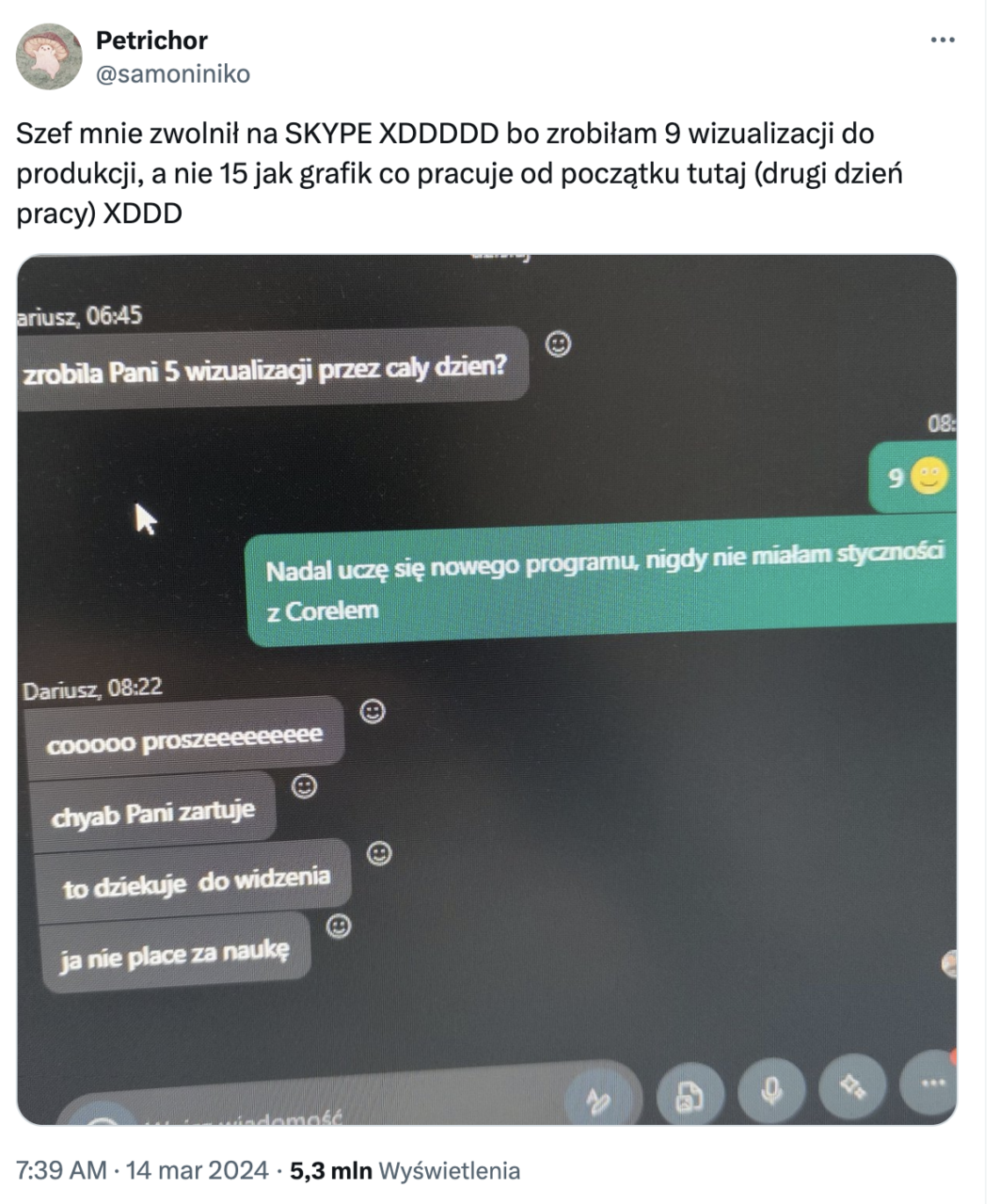 Giftpol. Zrzut ekranu z konwersacji na komunikatorze, z komentarzem użytkownika Twittera o zwolnieniu przez Skype oraz reakcjami innej osoby. W tle widać komputerowy interfejs programu graficznego.