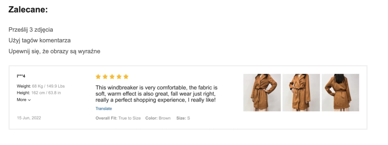 Shein opinie. Trzy zdjęcia kobiety prezentującej brązowy płaszcz przeciwwiatrowy z przodu, boku i tyłu, obok recenzja produktu z ocenami i opisem komfortu użytkowania.