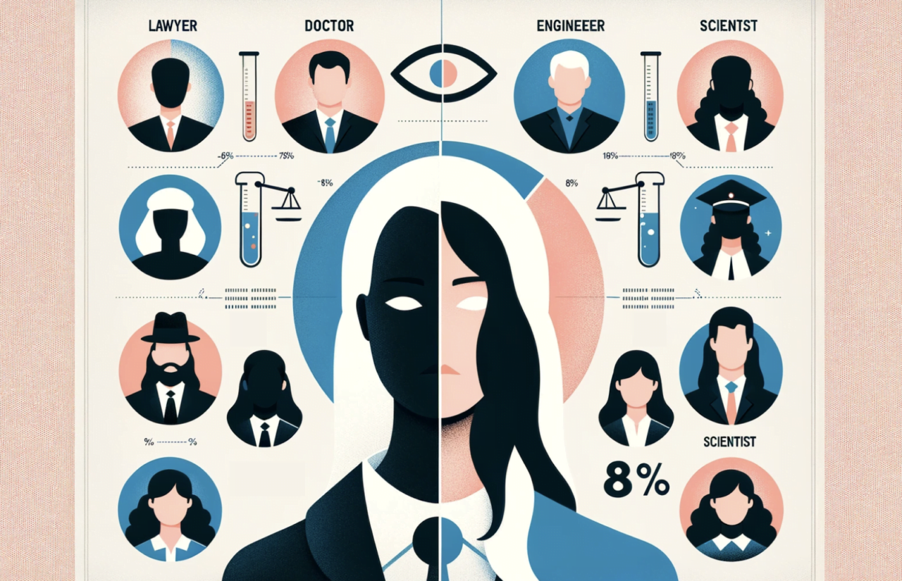 Ilustracja przedstawiająca infografikę z danymi dotyczącymi reprezentacji płci w różnych zawodach: prawnik, lekarz, inżynier i naukowiec, z podzielonym symetrycznie na środku twarzą, połowa męska i połowa żeńska, z procentowym podziałem mężczyzn i kobiet w poszczególnych sektorach.