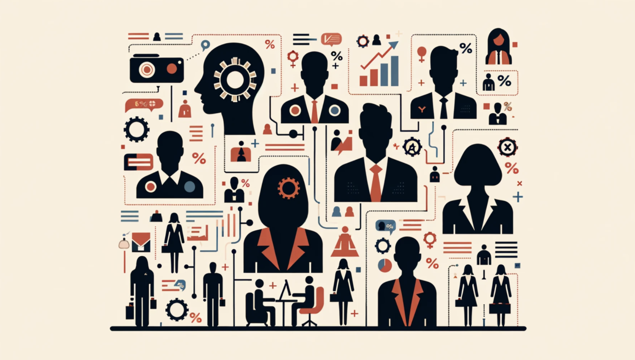 Ilustracja przedstawiająca abstrakcyjne sylwetki ludzi w kontekście biznesowym z ikonami symbolizującymi analitykę i zarządzanie w tle.