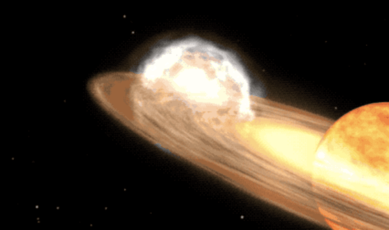 Animacja przedstawiająca planetę ulegającą zderzeniu z dużym obiektem, co wywołuje eksplozje i wyrzucenie materii kosmicznej.