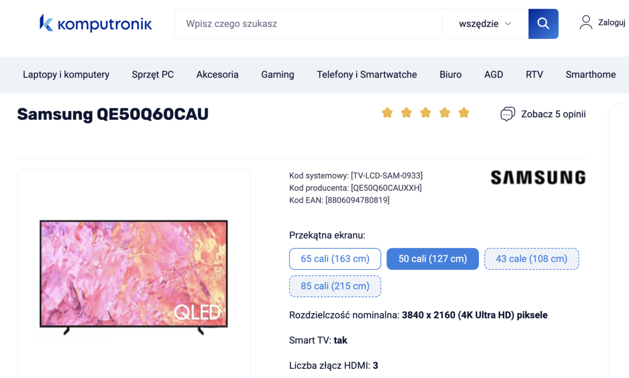 Strona internetowa sklepu Komputronik z informacjami o telewizorze Samsung QE50Q60CAU, opcjami wyboru przekątnej ekranu i specyfikacją techniczną.