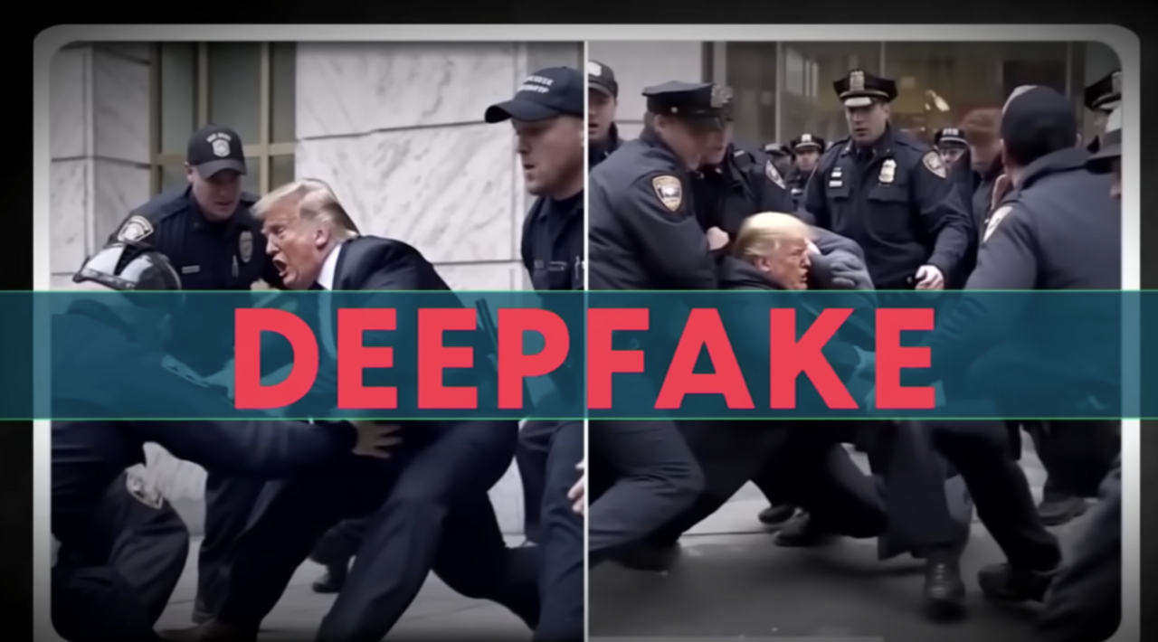 Deepfake. Zrzut ekranu z filmu z etykietą "DEEPFAKE" przedstawiający, jak dwóch policjantów przewraca na ziemię mężczyznę, którego twarz została zmodyfikowana, aby przypominała znaną osobistość.