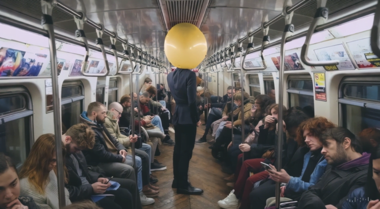 Osoba w garniturze stojąca tyłem z żółtym balonem zamiast głowy w metrze pełnym rozproszonych pasażerów korzystających z telefonów komórkowych.