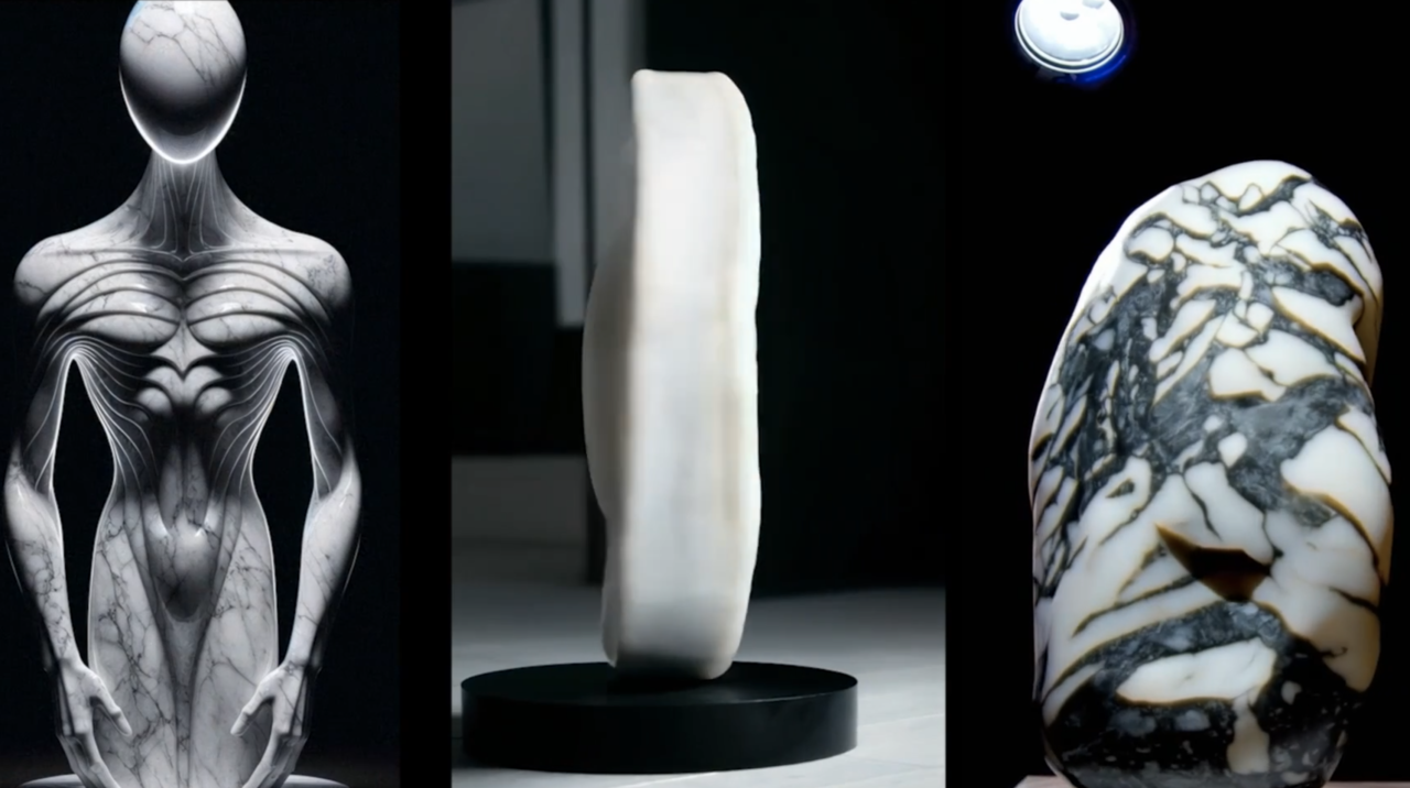 Trzy abstrakcyjne rzeźby prezentowane obok siebie: po lewej stylizowana figura ludzka z wyraźnymi liniami, w środku prosty, pionowy obiekt, po prawej przypominający kształtem kamień z charakterystycznym, naturalnym wzorem.