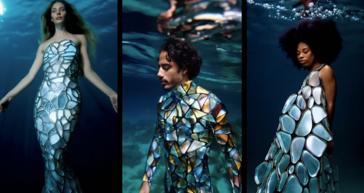 Sora. Trzy osoby w kolorowych, lśniących ubraniach przypominających łuski, pozujące pod wodą.
