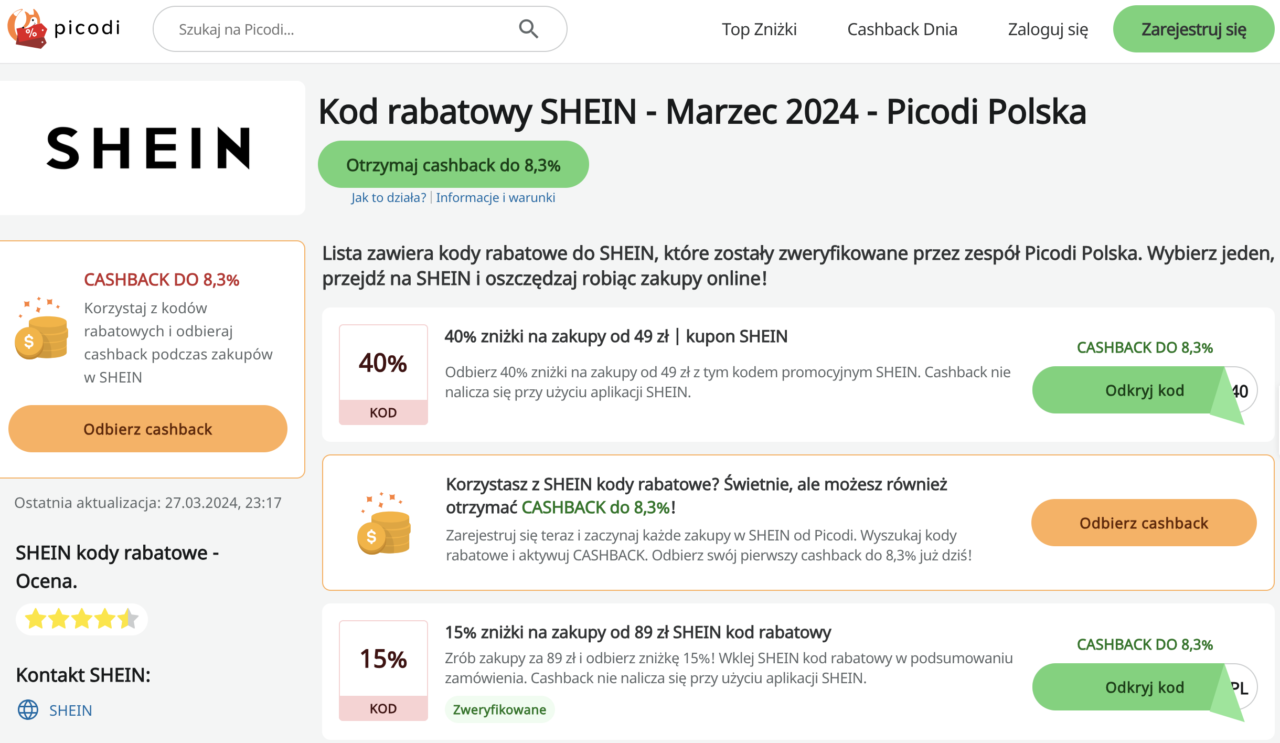 Shein Kody rabatowe. Strona internetowa z kodami rabatowymi SHEIN na Pilocidi Polska, oferująca różne zniżki i cashbacki, z wyszukiwarką i opcjami logowania oraz rejestracji w prawym górnym rogu.