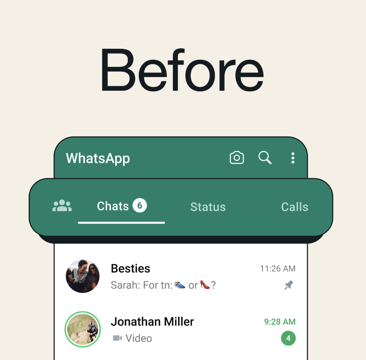 Interfejs aplikacji WhatsApp przed aktualizacją, z zaznaczonymi 6 nieprzeczytanymi wiadomościami, sekcjami Czaty, Status i Połączenia oraz dwoma widocznymi konwersacjami w sekcji Czaty.
