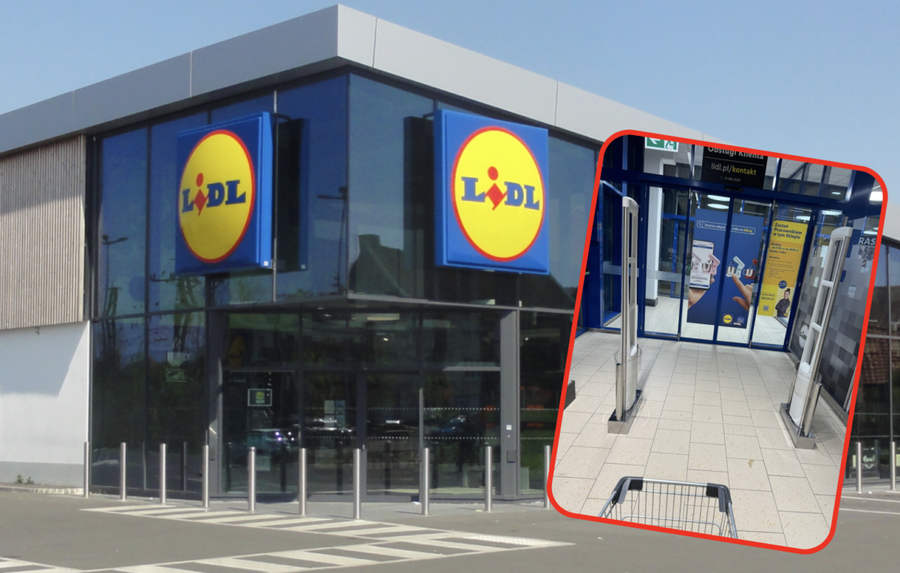 Foto mostrando o prédio do supermercado Lidl com seu logotipo característico e a entrada da loja com porta de correr aberta.