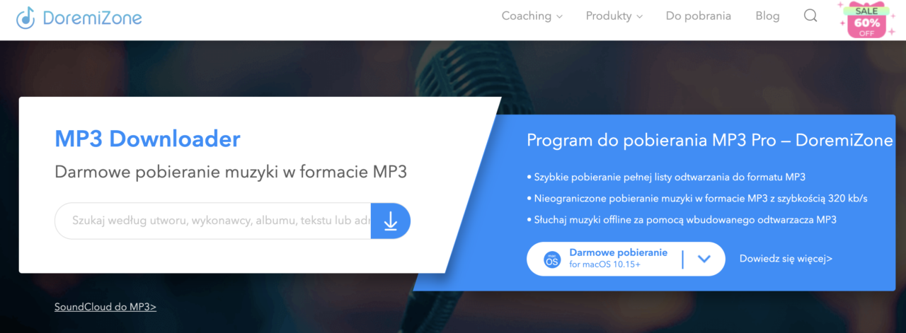 Widok strony internetowej DoremiZone z ofertą programów do pobierania muzyki w formacie MP3, z wyróżnionymi funkcjami takimi jak szybkie pobieranie, nieograniczone pobieranie i słuchanie offline, oraz przyciskiem do pobierania dla systemu macOS 10.15+.