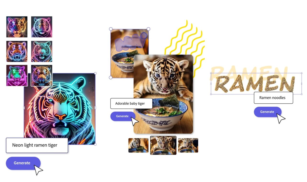 Alternatywa dla Canvy. Interfejs użytkownika programu Adobe Express do generowania grafik z motywami tygrysów i ramenu, zawierający różne obrazy tygrysów i miseczki z ramenem, z opcjami generowania i wyborem stylu grafiki.
