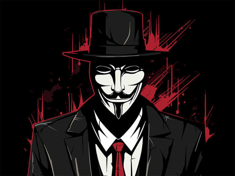 Haker, postać w stylizowanym komiksowym rysunku. Ma czarny kapelusz, charakterystyczną maskę Guya Fawkesa, jest ubrana w garnitur