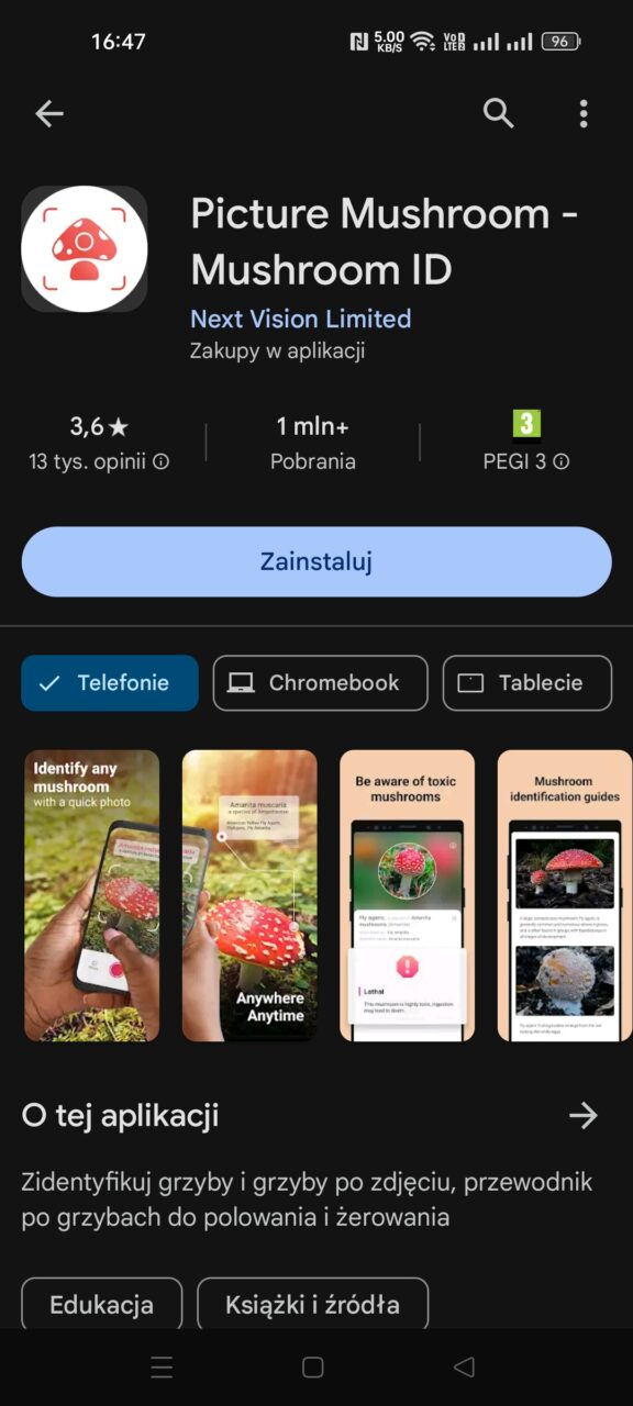 Zrzut ekranu ze sklepu aplikacji mobilnych przedstawiający aplikację "Picture Mushroom - Mushroom ID" autorstwa Next Vision Limited, z opcją "Zainstaluj", oceną 3,6 gwiazdki na podstawie 13 tysięcy opinii i ponad 1 milionem pobrań. Na ekranie widoczne są także miniatury obrazków promujących funkcje aplikacji i informacje "O tej aplikacji". To AI do rozpoznawania grzybów