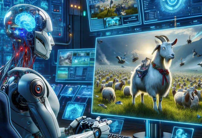 Robot z przewodami imitującymi mózg Ai Google siedzi przed holograficznymi ekranami, a na jednym z nich wyświetla się kolorowy obraz kozy w wianku, otoczonej przez owce i latające pojazdy w bujnym, zielonym krajobrazie.