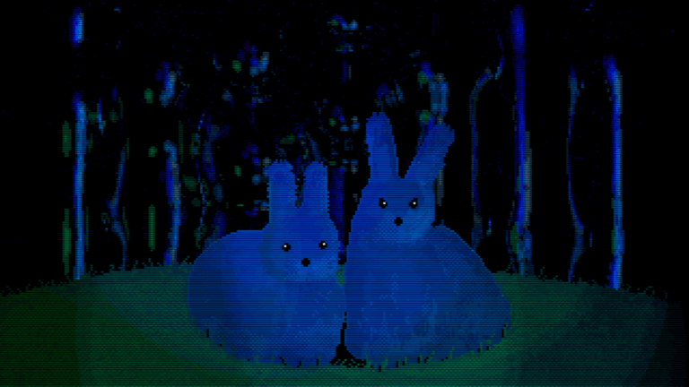 Dwa stylizowane, pikselowe króliki w grze Animal Well, odcieniach fioletu na czarnym tle.