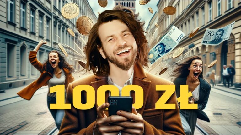Uśmiechnięty mężczyzna trzymający smartfon otoczony przez lecące polskie monety i banknoty o nominałach 10 zł i 30 zł, z napisem "1000 zł" na przedzie zdjęcia, z dwiema rozradowanymi kobietami w tle na miejskiej ulicy.