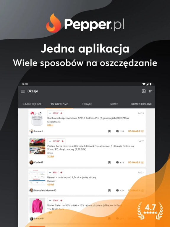 Ekran aplikacji Pepper.pl z ofertami promocyjnymi różnych produktów i usług, w tym słuchawek, gier wideo i biletów lotniczych, oraz oceną użytkowników 4.7 na tle grafiki z płomieniem logo Pepper.