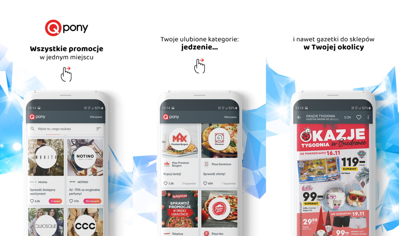 Trzy smartfony wyświetlające aplikację mobilną do przeglądania różnych promocji, z napisami w języku polskim podkreślającymi funkcjonalność aplikacji: "Wszystkie promocje w jednym miejscu", "Twoje ulubione kategorie: jedzenie..." i "i nawet gazetki do sklepów w Twojej okolicy".