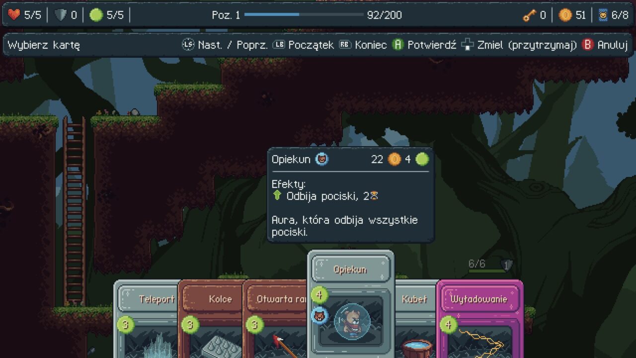 Zrzut ekranu z gry komputerowej Bearnard przedstawiający pikselową grafikę z widokiem na wewnętrzny ekran wyboru kart. U góry są wyświetlane statystyki gracza, a na dole sześć kart z różnymi zdolnościami i kosztami. Wyróżniona karta na środku zatytułowana "Opiekun" pokazuje efekty i koszt. Tło przedstawia leśne scenerie z drzewami i drabiną.