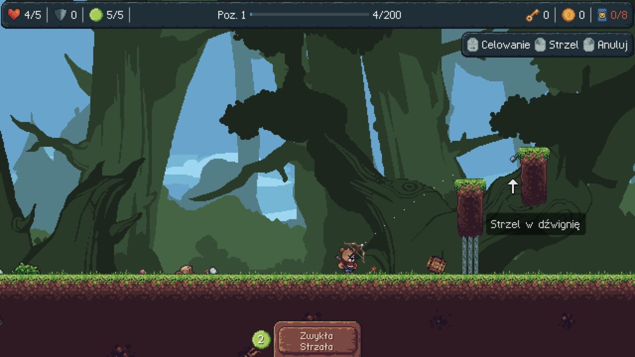 Zrzut ekranu z gry platformowej 2D Bearnard, przedstawiający postać gracza w leśnym środowisku z elementami sterowania "Celowanie", "Strzał" i "Anuluj" po prawej stronie, oraz instrukcją "Strzel w dźwignię" wskazującą na lewitującą dźwignię. Na górze ekranu wyświetlane są paski życia, energii, pozycja, licznik monet i innych zasobów oraz numer poziomu.