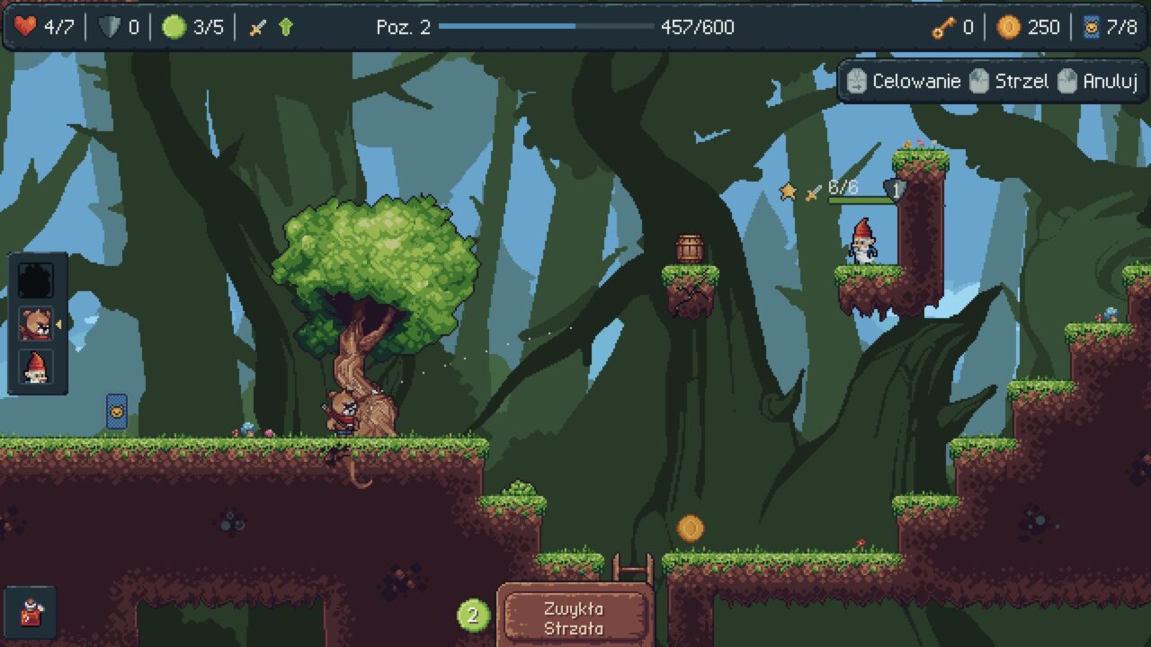 Zrzut ekranu z gry wideo Bearnard w stylu pikselowej grafiki pokazujący postacie na różnych platformach w leśnym otoczeniu.
