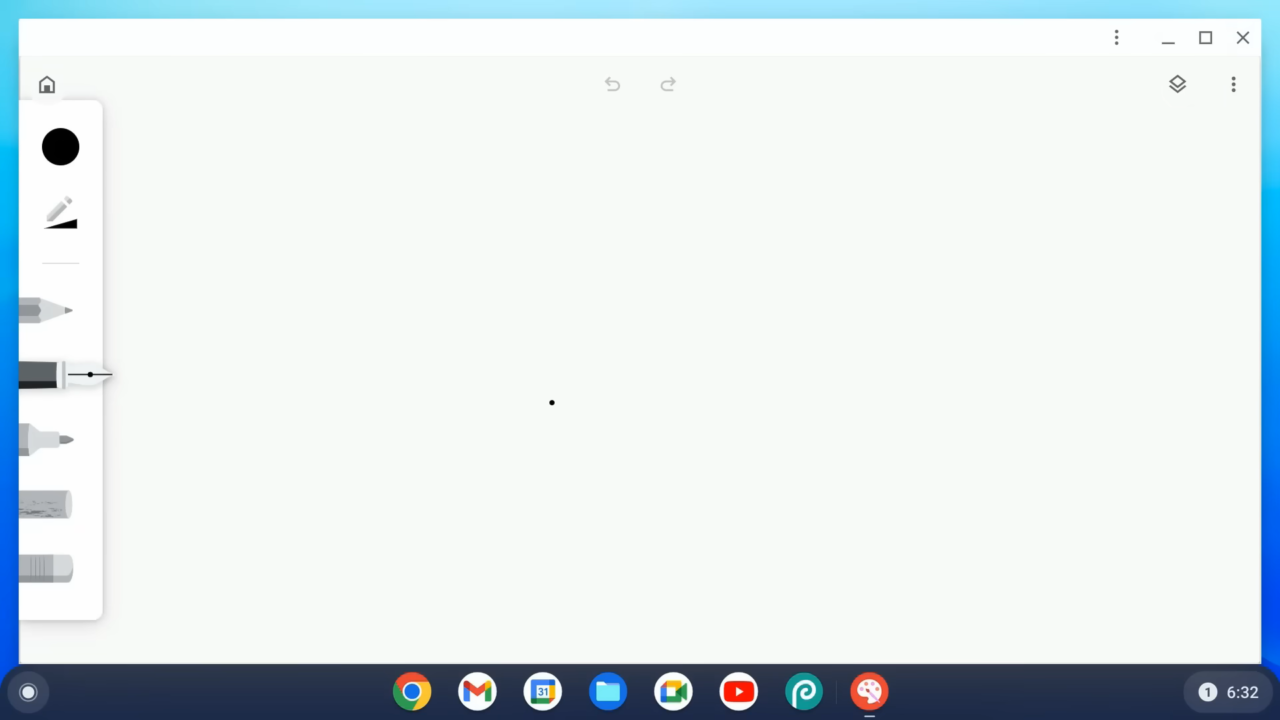 Interfejs aplikacji do rysowania w Chrome OS z pustym, białym płótnem i paskiem narzędzi z lewej strony ekranu.
