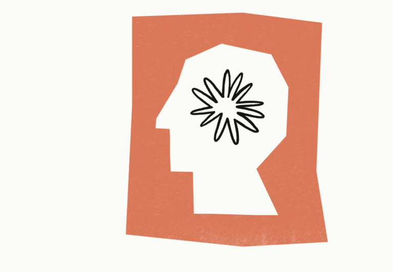 Ilustracja przedstawia abstrakcyjny profil ludzkiej głowy z konturem kwiatu w miejscu mózgu na pomarańczowym tle. To logo modelu Claude 3 Opus