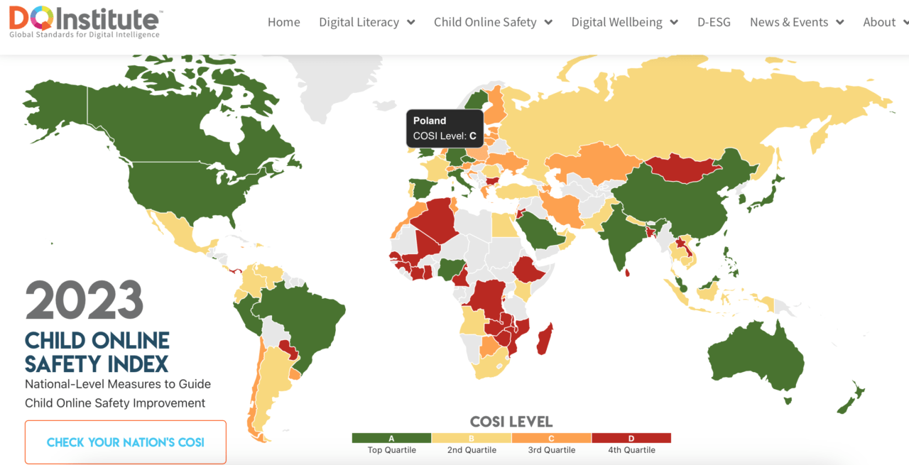 Mapa świata przedstawiająca wskaźnik bezpieczeństwa dzieci w internecie (Child Online Safety Index - COSI) na rok 2023 z kolorowym podziałem krajów według kwartyli, gdzie Polska zaznaczona jest kolorem odpowiadającym trzeciemu kwartylowi (COSI poziom: C).