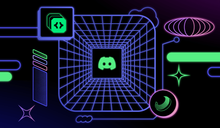 Grafika w stylu cyberpunk przedstawiająca przestrzeń trójwymiarową z neonowymi konturami z ikoną serwery Discorda na środku, otoczoną przez różnorodne abstrakcyjne kształty i symbole programistyczne w neonowych barwach.