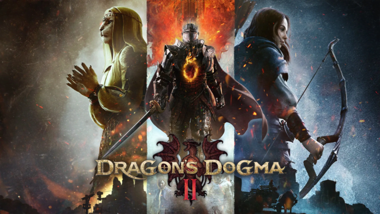 Ilustracja promująca grę "Dragon's Dogma 2", przedstawiająca trzy postacie: po lewej postać w złotych szatach z modlitewną pozą, w centrum rycerza w pełnej zbroi z płonącym sercem, po prawej łuczniczkę w gotowości do strzału, z logo gry na środku.