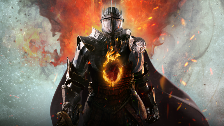 Rycerz w zbroi stojący przed ognistym tłem z płonącym otworem w miejscu serca. Grafika promująca grę Dragon's Dogma 2