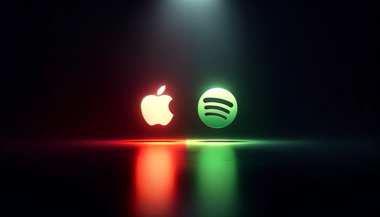 Loga Apple i Spotify podświetlone na ciemnym tle z czerwonym i zielonym światłem odbijającym się na powierzchni.