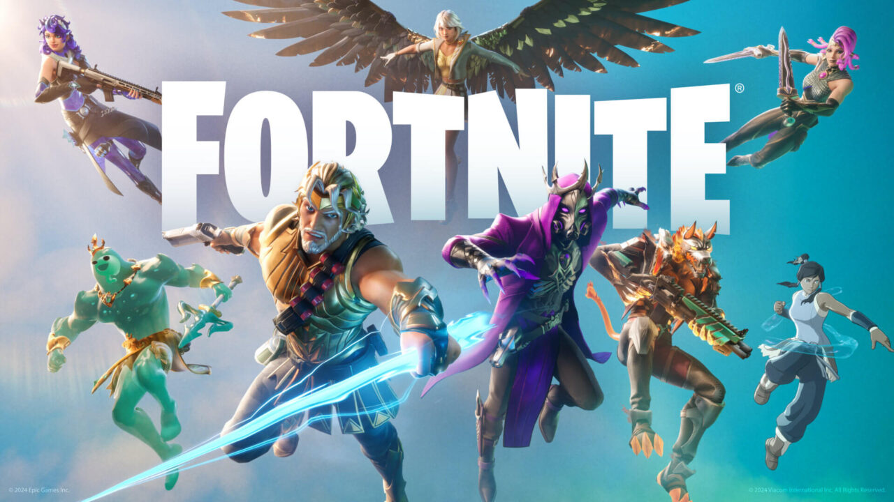 Grafika przedstawia postacie z gry Fortnite rozlokowane wokół dużego napisu "FORTNITE". Postacie są kolorowe i dynamiczne, przedstawione na tle jasnego nieba.