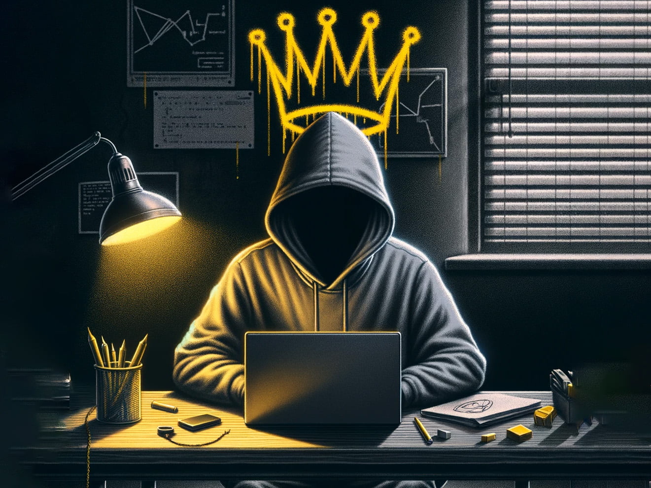 Haker w kapturze pracujący nad ransomware na laptopie w zaciemnionym pomieszczeniu z widocznymi na ścianie wykresami i notatkami, nad nim korona graffiti.
