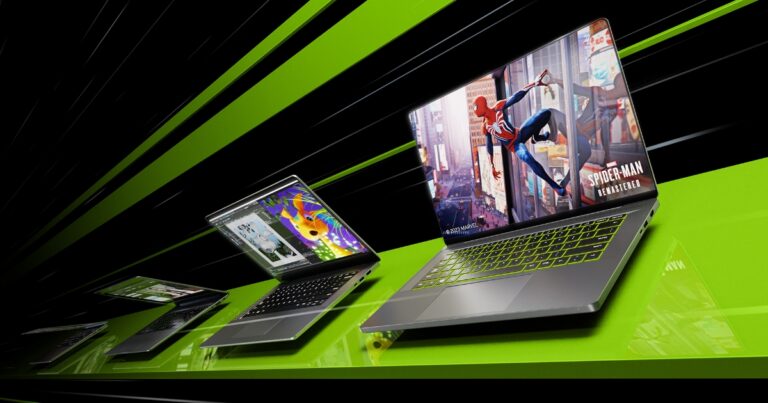 Trzy laptopy z otwartymi klapami na pochyłej, szklanej platformie z neonowymi zielonymi pasami. Ostatni laptop wyświetla grę ze Spider-Manem.