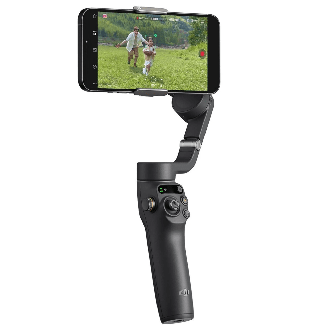 Stabilizator kamery z przymocowanym smartfonem, na ekranie smartfona wyświetlony obraz przedstawiający dorosłego i dziecko biegnące po trawiastej łące.