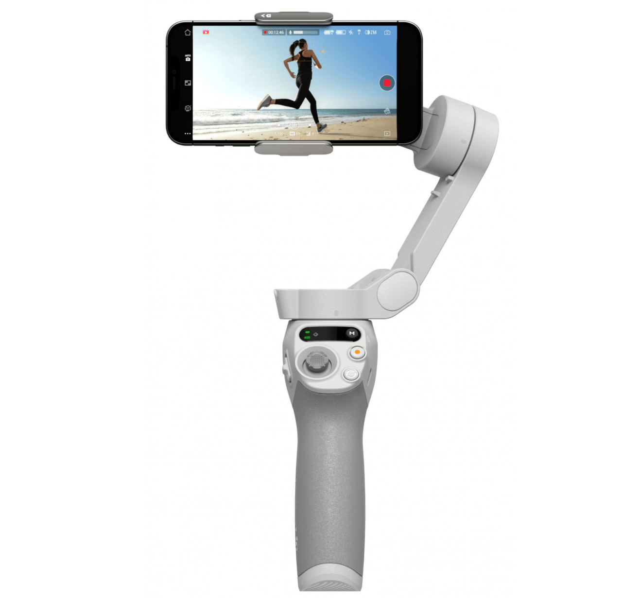 Smartfon zamocowany na ręcznym gimbalu stabilizującym obraz, wyświetlający kobietę biegnącą po plaży.