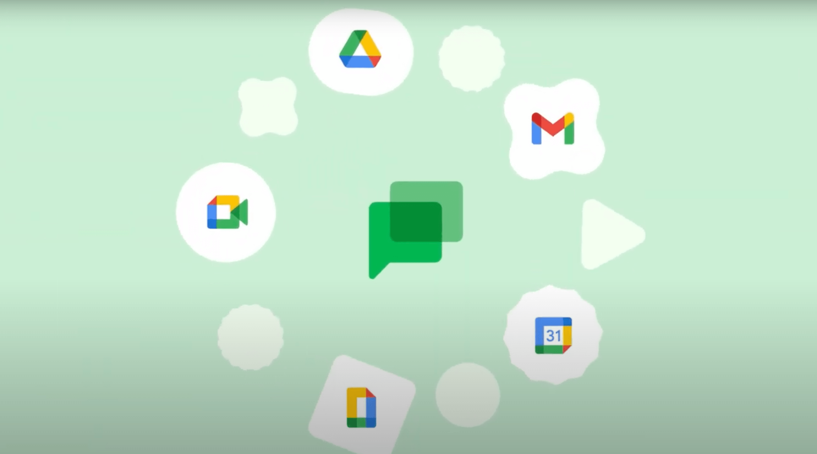 Ikony aplikacji Google Chat, takie jak Dysk Google, Google Meet, Gmail, Google Chat oraz Kalendarz Google, umieszczone na przypominających chmury kształtach na zielonkawym tle.