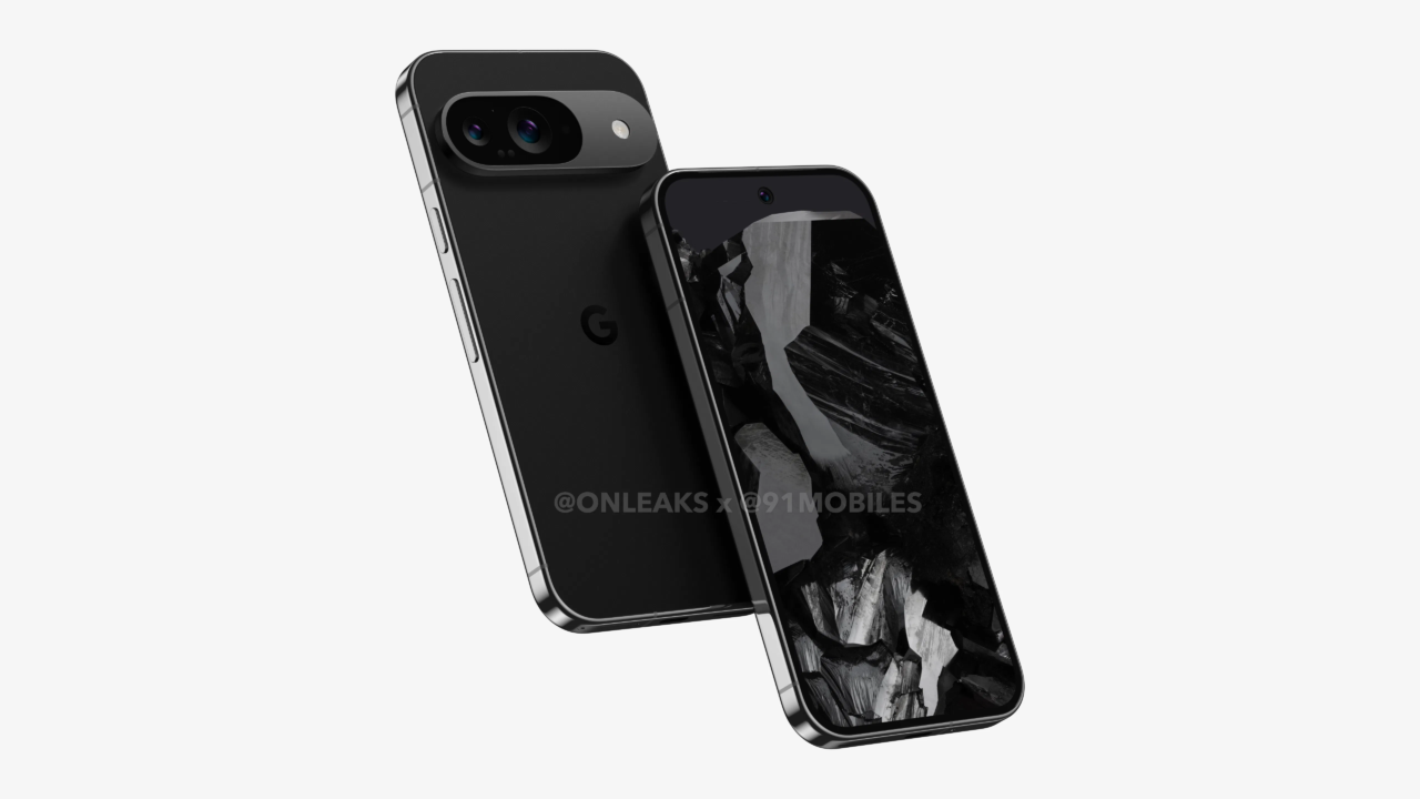 Czarny smartfon z podwójnym aparatem i logo "G" na tylnej obudowie leżący ekranem do góry obok tyłu telefonu z widoczną etykietą @onleaks x @91mobiles. Google Pixel 9 na zdjęciu.