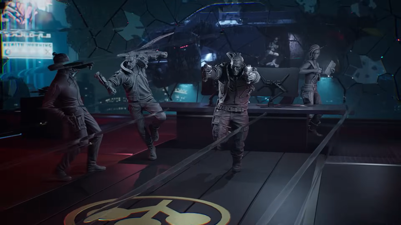 Gra planszowa Cyberpunk 2077. Scena z figurek przedstawiająca cyfrowo renderowanych postaci w futurystycznym wnętrzu zajmujących się wirtualną strzelanką, z mężczyzną w centrum celującym w kamerę oraz innymi graczami w tle.