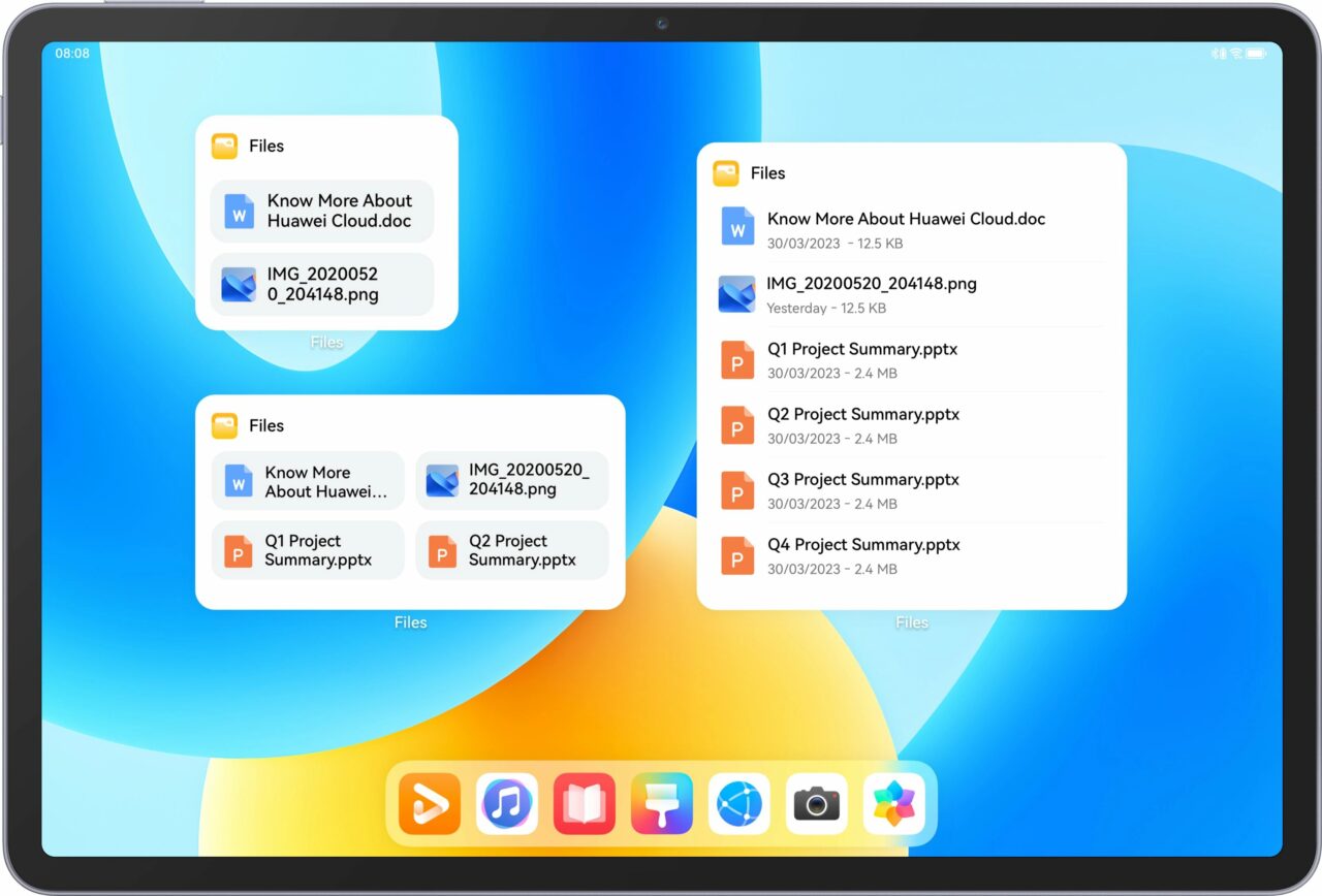 Ekran tabletu z otwartymi folderami plików oraz dokumentami, w tym dokumenty Word i prezentacje PowerPoint, na kolorowym tle interfejsu użytkownika.