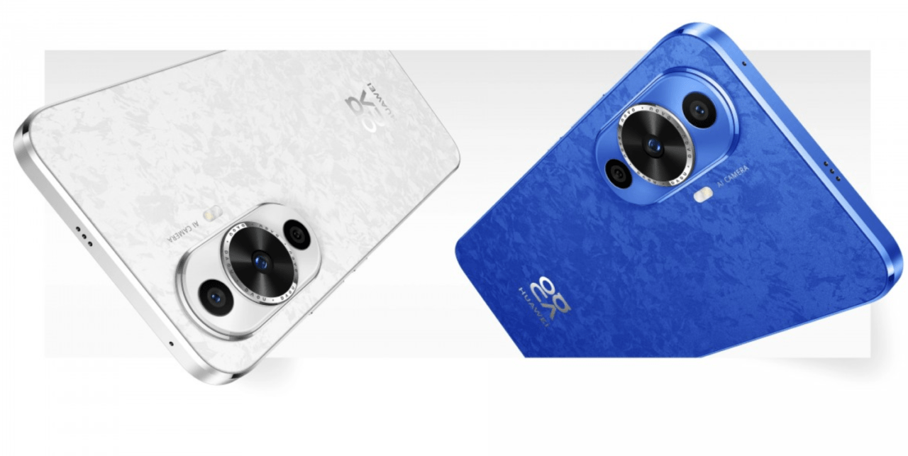 Dwa smartfony leżące tyłem, jeden biały z metalicznym wykończeniem, a drugi niebieski z teksturowanym wzorem; oba z wyróżniającymi się, okrągłymi modułami aparatów.
