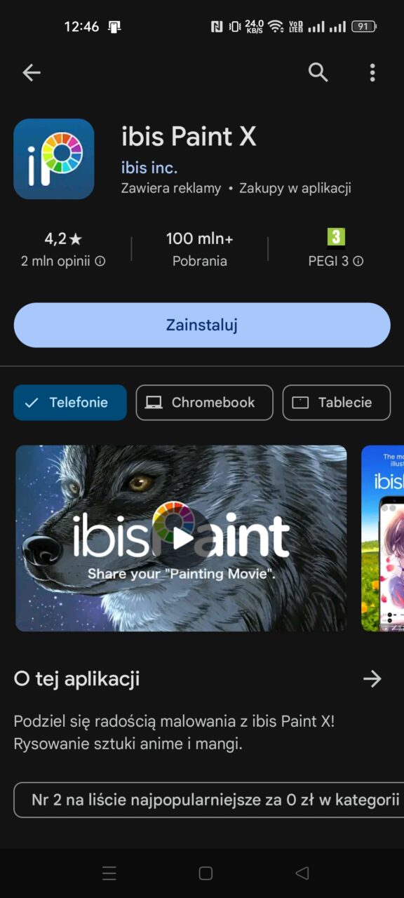 Zrzut ekranu ze strony aplikacji ibis Paint X w sklepie Google Play z grafiką wilka oraz informacjami o ocenie, liczbie pobrań i opcji instalacji.