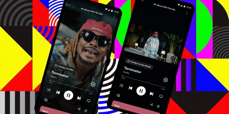 Dwa smartfony na kolorowym tle z abstrakcyjnym wzorem, oba wyświetlają aplikację do strumieniowania muzyki z utworem "Terminator" artysty Asake na ekranie.