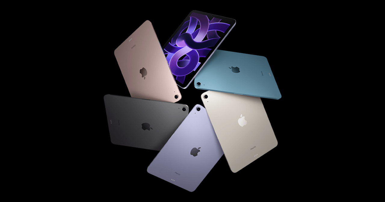 Um conjunto de modelos de iPad multicoloridos dispostos radialmente sobre um fundo escuro.