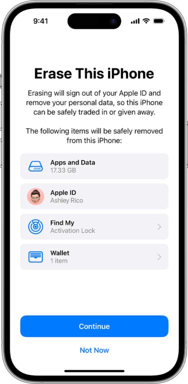 Ekran iPhone'a z opcją wymazania danych pokazujący "Erase This iPhone" oraz listę danych do usunięcia, w tym aplikacje i dane, Apple ID, Find My i Wallet, z przyciskami "Continue" i "Not Now" na dole.