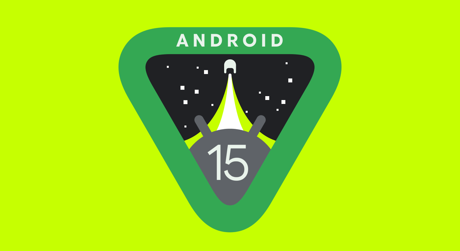 Logo systemu operacyjnego Android 15 na zielonym tle.