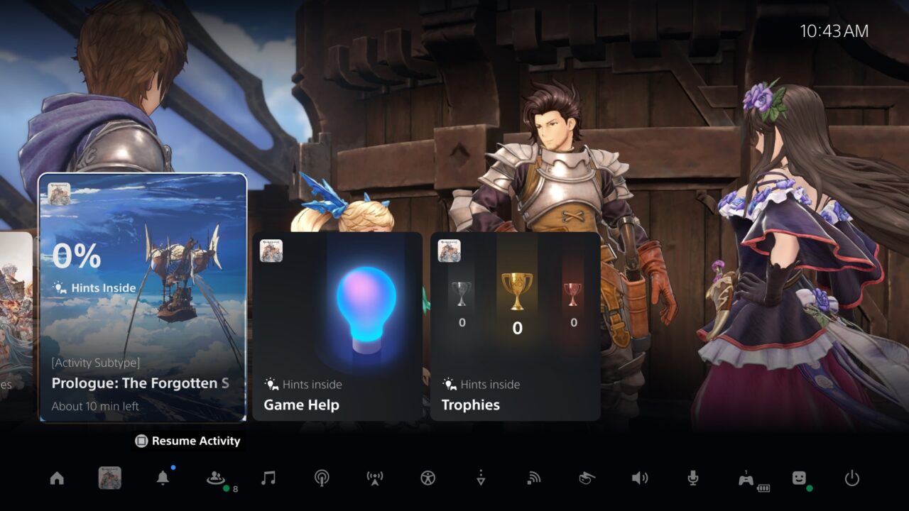 Menu interfejsu użytkownika gry wideo na PlayStation 5 z postaciami w stylu anime i oknami dialogowymi pokazującymi progres w grze oraz opcje pomocy i trofea.
